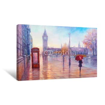 Image of Street View Of London, Bus On Road  Artwork  Big Ben Canvas Print