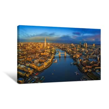 Image of London, England - Panoramic Aerial Skyline View Of London Including Iconic Tower Bridge With Red Double-decker Bus, Tower Of London, Skyscrapers Of Bank District At Golden Hour Early In The Morning Canvas Print