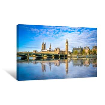 Image of Big Ben And Westminster Parliament With Blurry Refletion In London, United Kingdom At Sunny Day Canvas Print