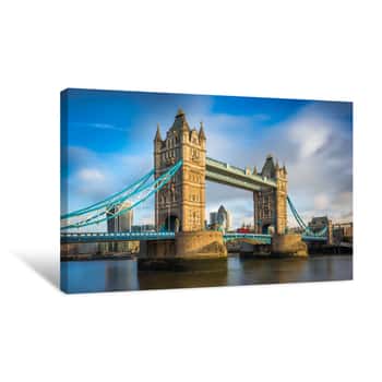Image of London, England - Iconic Tower Bridge With Traditional Red Double-decker Bus And Skyscrapers Of Bank District At Background Canvas Print