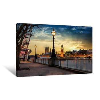 Image of Blick über Die Themse Auf Den Big Ben Turm Und Den Westminster Palast In London Bei Sonnenuntergang  Großbritannien Canvas Print