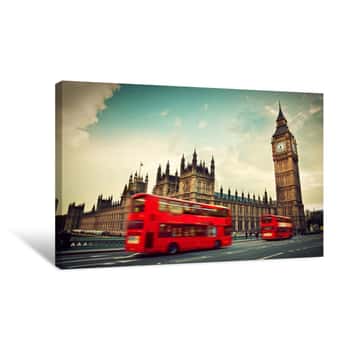 Image of London, The UK  Red Bus In Motion And Big Ben Canvas Print