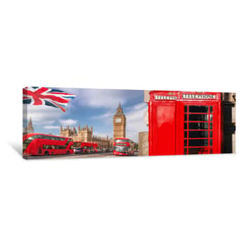 Image of London Symbols With BIG BEN, DOUBLE DECKER BUS And Red Phone Booths In England, UK Canvas Print