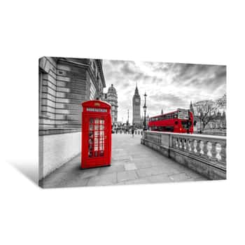 Image of London Red Telephone Booth And Big Ben Clock Tower Canvas Print