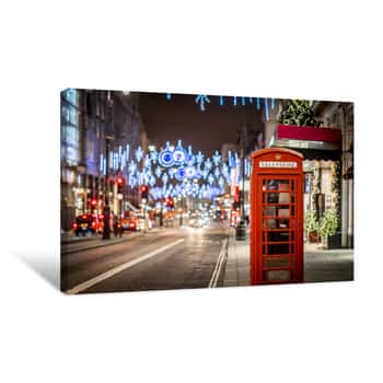 Image of Phone Box In London In Christmas Time Canvas Print