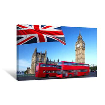 Image of Big Ben With City Bus And Flag Of England, London Canvas Print