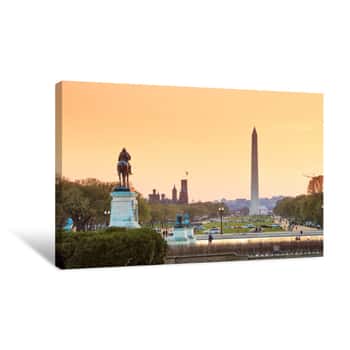 Image of Washington DC City View At A Orange Sunset, Including Washington Canvas Print