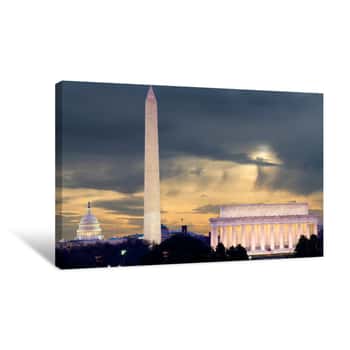 Image of Washington DC Skyline Including Lincoln Memorial, Washington Monument, And The United States Capitol Building Canvas Print