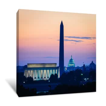 Image of Washington DC Skyline At Sunrise Including Lincoln Memorial, Washington Monument And United States Capitol Building Canvas Print