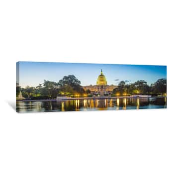 Image of Panoramic Image Of The Capitol Of The United States With The Capitol Reflecting Pool In Morning Light Canvas Print
