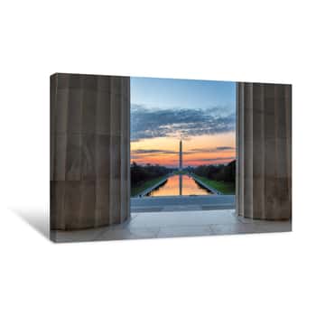 Image of Washington, DC, Washington Monument And Reflecting Pool At Sunrise From Lincoln Memorial, USA Canvas Print