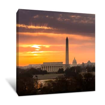 Image of Fiery Sunrise Over Monuments Of Washington Canvas Print
