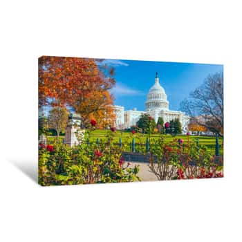 Image of US Capitol Building Framed By Roses And Trees Washington DC USA Canvas Print