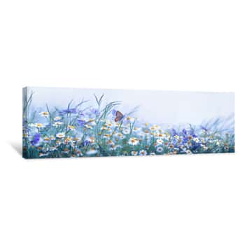 Image of Beautiful Wild Flowers Chamomile, Purple Wild Peas, Butterfly In Morning Haze In Nature Close-up Macro  Landscape Wide Format, Copy Space, Cool Blue Tones  Delightful Pastoral Airy Artistic Image Canvas Print