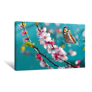 Image of Flowers And Monarch Butterfly  On Blue Sky Background  Mock Up Template  Copy Space For Your Text Canvas Print
