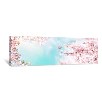 Image of Spring Banner, Branches Of Blossoming Cherry Against Background Of Blue Sky And Butterflies On Nature Outdoors  Pink Sakura Flowers, Dreamy Romantic Image Spring, Landscape Panorama, Copy Space Canvas Print