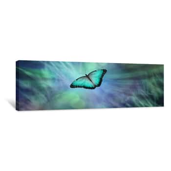 Image of Soul Release Metaphor For Departing Soul - Lone Jade Green  Coloured Butterfly Set Against A Radiating Feathered Bokeh Green And Blue  Coloured Background Canvas Print