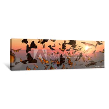 Image of Swarm Of Monarch Butterflies, Danaus Plexippus Group During Sunset Canvas Print