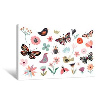Image of Butterflies, Flowers And Birds Hand Drawn Collection Of Different Element, Isolated On White Canvas Print