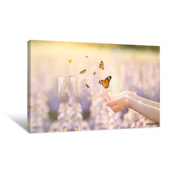 Image of The Girl Frees The Butterfly From The Jar, Golden Blue Moment Concept Of Freedom Canvas Print