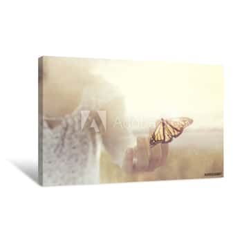 Image of A Butterfly Leans On A Hand Of A Girl In The Middle Of Nature Canvas Print