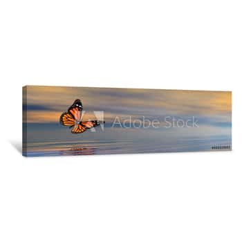 Image of Butterfly Flying Upon The Ocean By Sunset - 3D Render Canvas Print