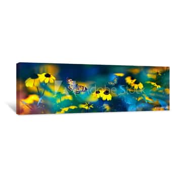 Image of Tropical Butterflies And Yellow Bright Summer Flowers On A Background Of Colorful  Foliage In A Fairy Garden  Macro Artistic Image  Banner Format Canvas Print
