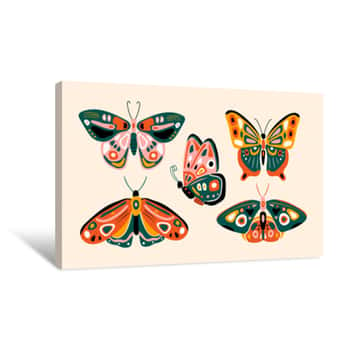 Image of Hand Drawn Various Beautiful Butterflies  Colorful Vector Set  Top View  Side View  Pastel Colors  Trendy Illustration  All Elements Are Isolated Canvas Print