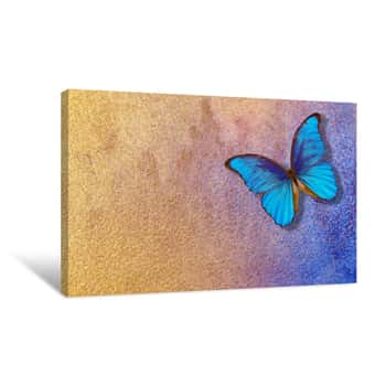 Image of Gold And Blue Background  Watercolor Paper Painted In Blue And Gold Paint  Bright Morpho Butterfly On A Blue And Gold Background  Watercolor Paper Texture Canvas Print