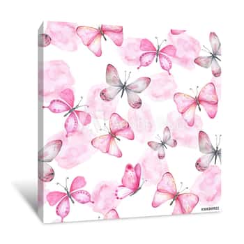Image of Watercolor Seamless Pattern With Pink Butterflies And Spots Canvas Print