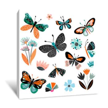 Image of Butterflies And Flowers, Hand Drawn Collection Of Different Elements, Isolated On White Canvas Print