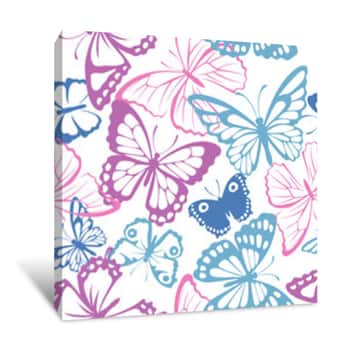 Image of Seamless Pattern With Pink, Blue And Purple Butterfly  Vector Illustration  Spring Butterfly Silhouette Canvas Print
