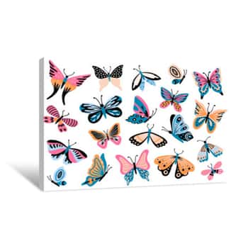 Image of Hand Drawn Butterfly  Flower Butterflies, Moth Wings And Spring Colorful Flying Insect Isolated Vector Collection Canvas Print