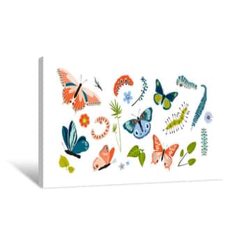 Image of Set Spring And Summer Colorful Butterflies And Caterpillar  Different Cute Silhouettes On White Background  For Festive Card, Logo, Children, Pattern, Tattoo, Decorative, Concept  Vector Illustration Canvas Print