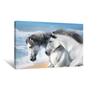 Image of White Horses Run Fast On Ocean Shore Canvas Print