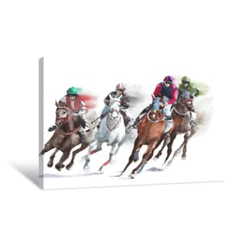 Image of Horse Race Sport Activity Handmade Watercolor Painting Illustration Isolated On White Background Canvas Print