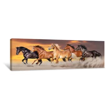 Image of Horse Herd Run Gallop In Desert Dust Against Dramatic Sky Canvas Print