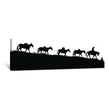 Image of Vector Silouettes Of A Cowboy Riding A Horse And Leading Pack Mules Canvas Print