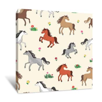 Image of Seamless Repeat Pattern With Happy Multi-colored Horses Among Flowers Canvas Print