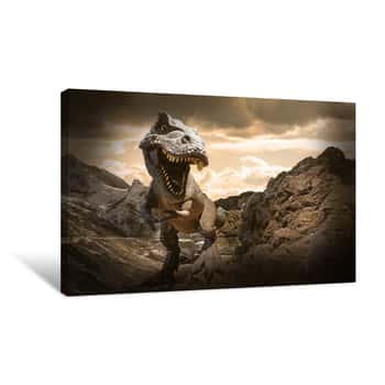 Image of Dinosaurs Model On Rock Mountain Background Canvas Print
