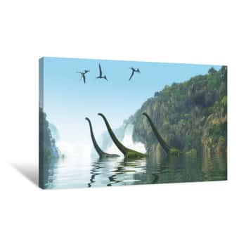 Image of Mamenchisaurus Dinosaur Foggy Day - Two Mamenchisaurus Dinosaur Adults Escort A Youngster Across A River As Pterodactylus Birds Search For Fish Prey Canvas Print