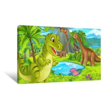 Image of Cartoon Scene With Happy Dinosaur Tyrannosaurus Rex Near Erupting Volcano And Diplodocus - Illustration For Children Canvas Print