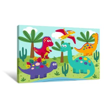 Image of Cute Dinosaurs With Landscape Background - Vector Illustration, Eps Canvas Print