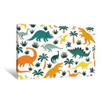 Image of Hand Drawn Seamless Pattern With Dinosaurs And Tropical Leaves And Flowers  Perfect For Kids Fabric, Textile, Nursery Wallpaper  Cute Dino Design  Vector Illustration Canvas Print