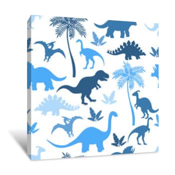 Image of Seamless Pattern With Colorful Blue Dinosaur Silhouettes Canvas Print