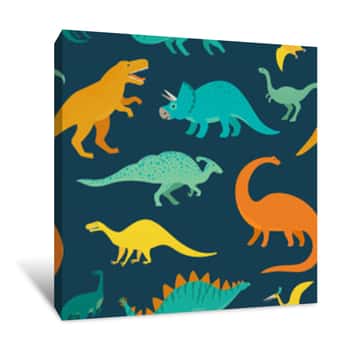 Image of Hand Drawn Seamless Pattern With Dinosaurs  Perfect For Kids Fabric, Textile, Nursery Wallpaper  Cute Dino Design  Vector Illustration Canvas Print