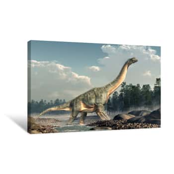 Image of Brachiosaurus Was A Sauropod Dinosaur, One Of The Largest And Most Popular  It Lived In During The Late Jurassic Period  Standing In A Rocky Stream  3D Rendering Canvas Print