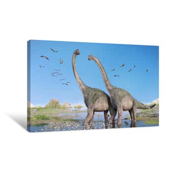 Image of Couple Of Brachiosaurus Altithorax And A Flock Of Pterosaurs In A Scenic Late Jurassic Landscape Canvas Print