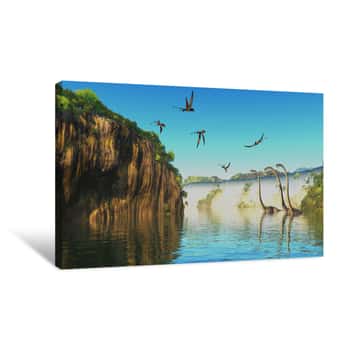 Image of Dimorphodon And Omeisaurus Dinosaurs - Omeisaurus Herbivorous Sauropod Dinosaurs Wade Through A River Below A Waterfall As Dimorphodon Flying Reptiles Fly Overhead Canvas Print