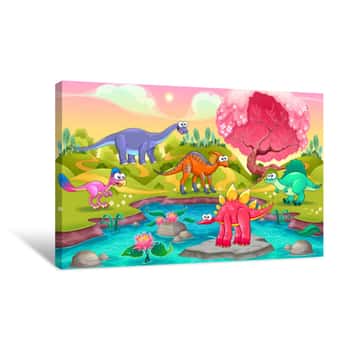 Image of Group Of Funny Dinosaurs In A Natural Landscape Canvas Print